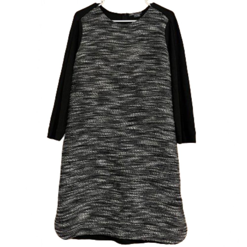 Vince Women’s Black & White Wool Blend Tweed 3/4 Sleeve Shift Dress Sz-S